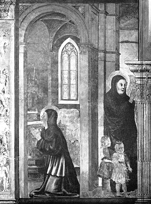 Particolare della scena di Monica che prega per il figlio nella chiesa di san Cipriano