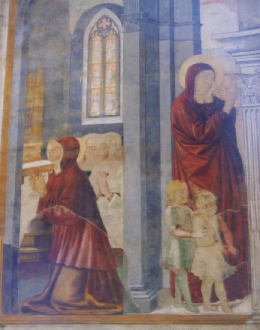 Monica prega per il figlio nella chiesa di san Cipriano: dal ciclo di affreschi di Benozzo Gozzoli nella chiesa di sant'Agostino a San Gimignano