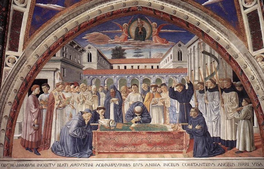 Morte di Agostino: ascesa al cielo con gli angeli: dal ciclo di affreschi di Benozzo Gozzoli nella chiesa di sant'Agostino a San Gimignano