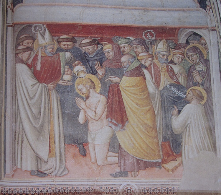 Battesimo di Agostino: affresco di Ottaviano nelli a Gubbio