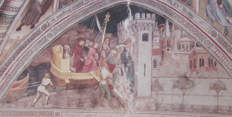 Agostino sbarca a Ostia: affresco di Ottaviano nelli a Gubbio