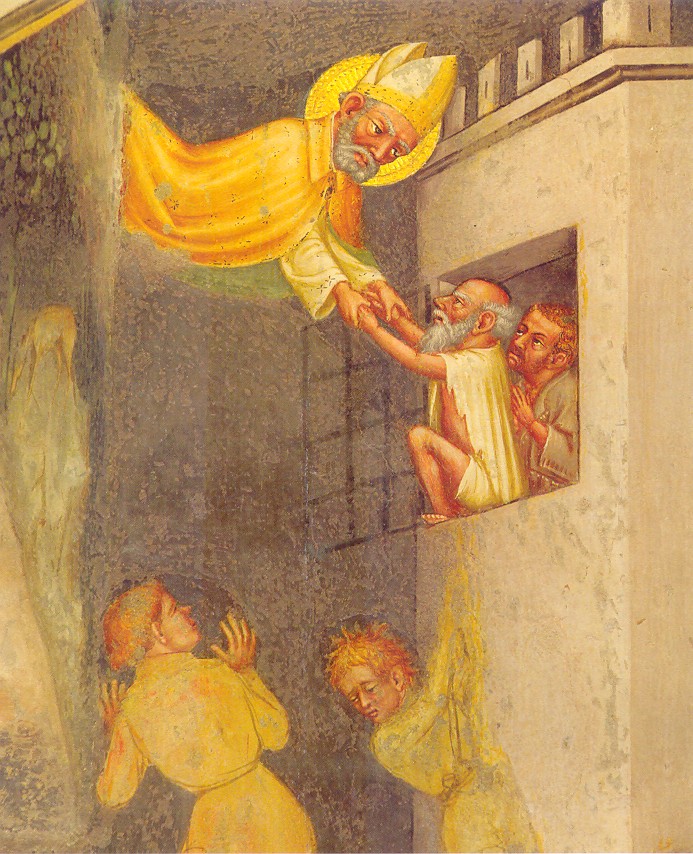Agostino libera un prigioniero: affresco di Ottaviano nelli a Gubbio