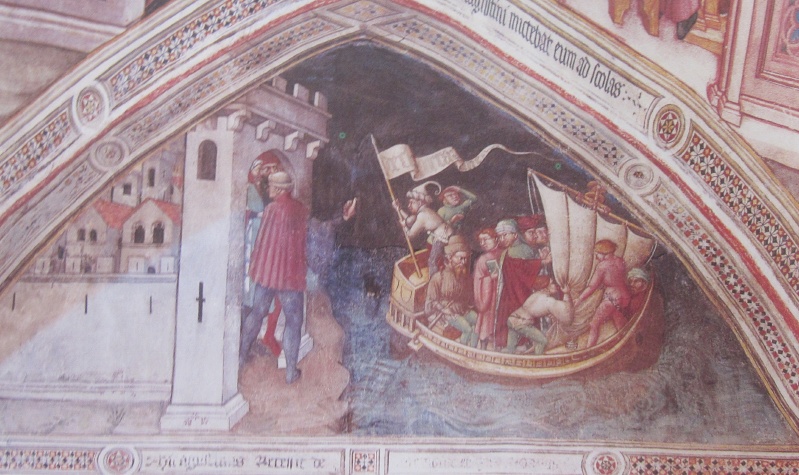 Agostino si imbarca per Roma: affresco di Ottaviano nelli a Gubbio