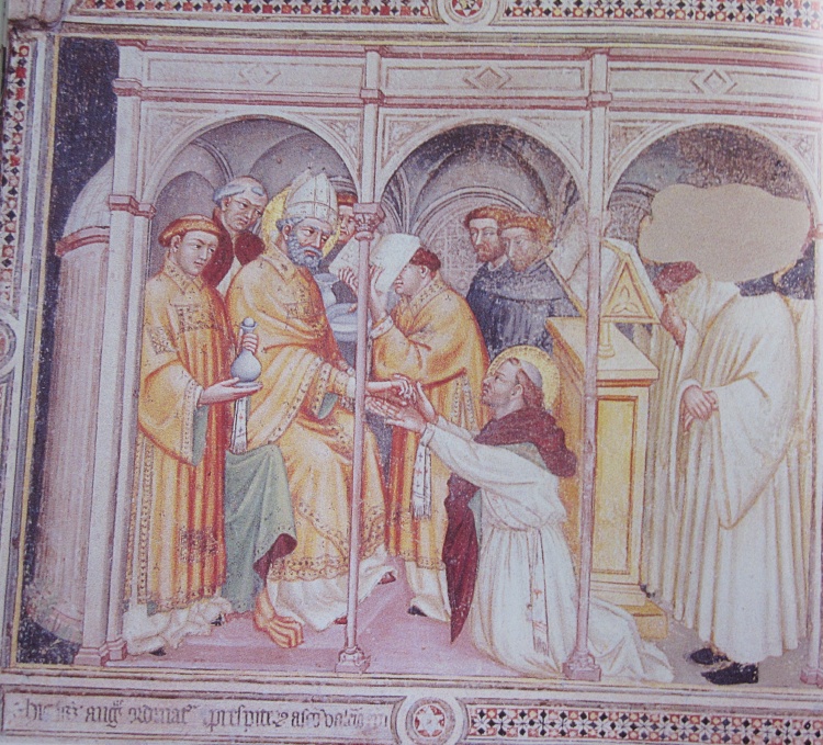 Agostino viene ordinato sacerdote: affresco di Ottaviano nelli a Gubbio