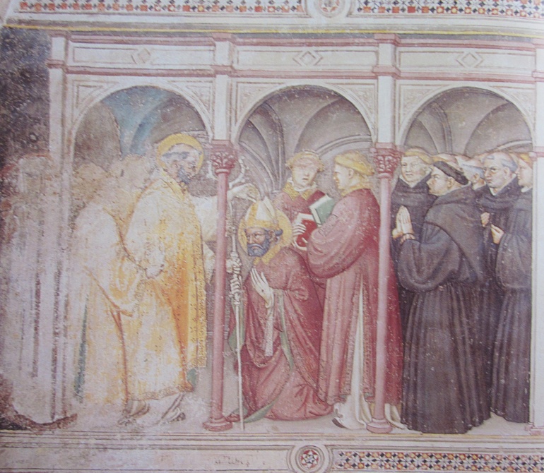 Agostino consacrato vescovo: affresco di Ottaviano nelli a Gubbio