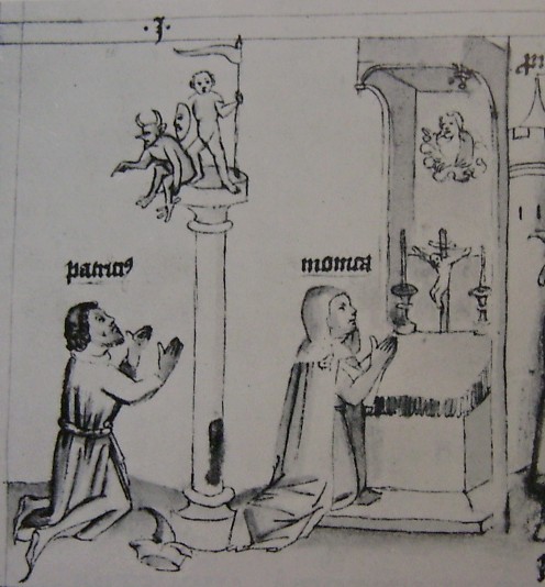 Il pagano Patrizio e la Cristiana Monica pregano i loro dei, immagine tratta dalla Historia Augustini