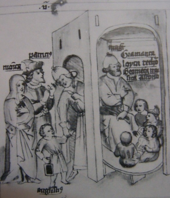 Agostino condotto a scuola dai genitori, immagine tratta dalla Historia Augustini