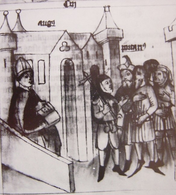 Agostino revisiona le sue opere, immagine tratta dalla Historia Augustini