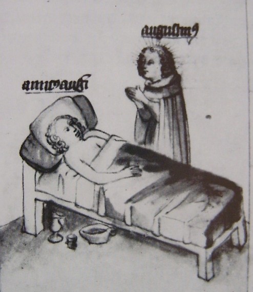Agostino piange un suo amico morto, immagine tratta dalla Historia Augustini