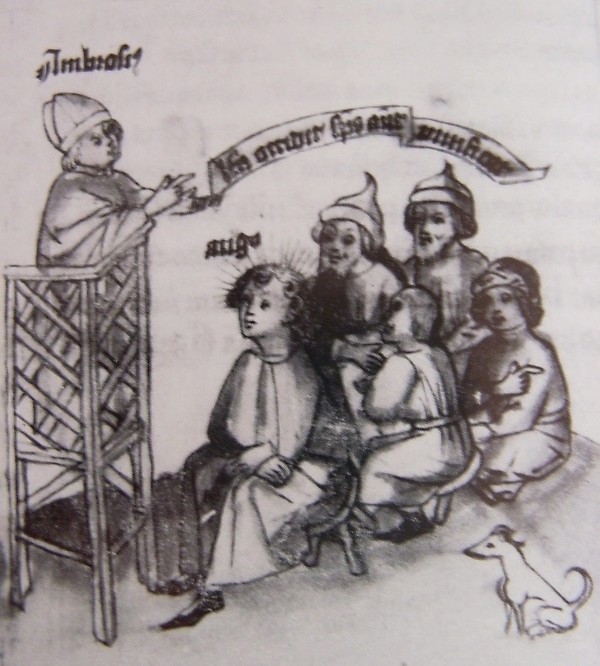 Agostino ascolta le prediche di Ambrogio, immagine tratta dalla Historia Augustini