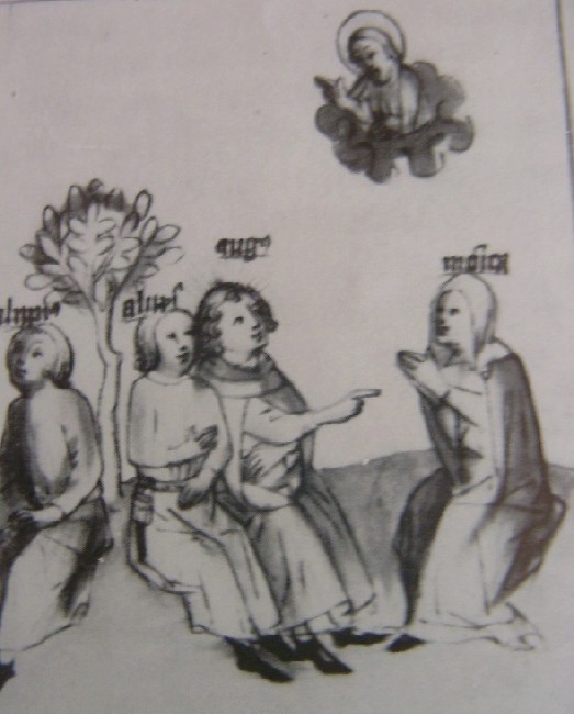 Agostino e Alipio raccontano la loro conversione a Monica, immagine tratta dalla Historia Augustini