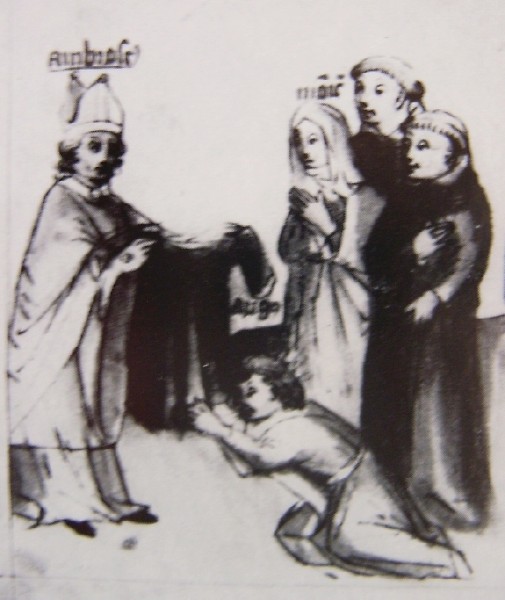 Ambrogio riveste Agostino con una tunica nera, immagine tratta dalla Historia Augustini