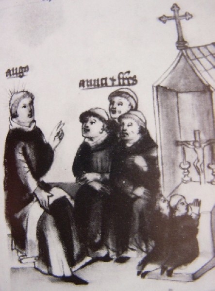 Agostino insegna agli amici ed ai monaci italiani, immagine tratta dalla Historia Augustini