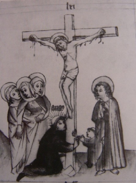 Agostino abbraccia la croce di Cristo, immagine tratta dalla Historia Augustini