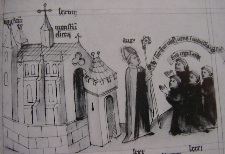 Agostino fonda un terzo monastero nella casa del vescovo, immagine tratta dalla Historia Augustini