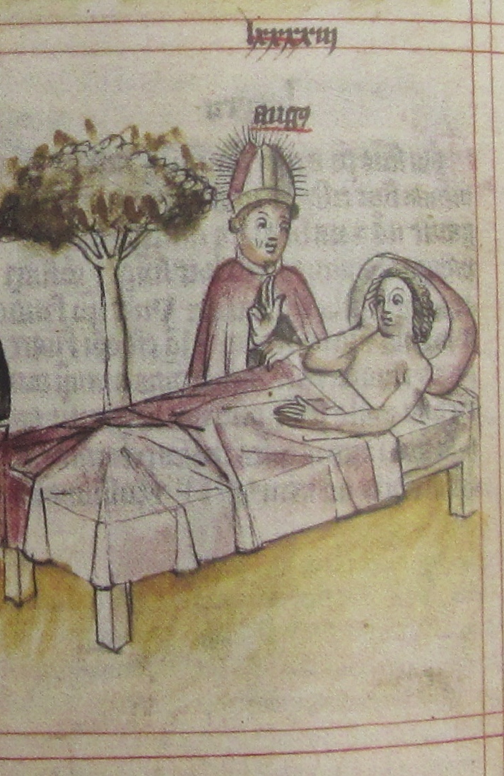 Agostino impone la mani a un malato, immagine tratta dalla Historia Augustini