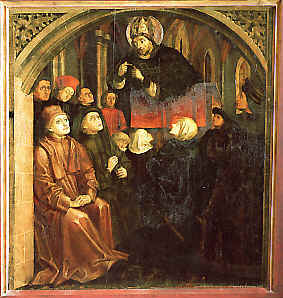 Agostino ascolta le prediche di Ambrogio, nel pannello del Maestro di Uttenheim nel convento di Novacella