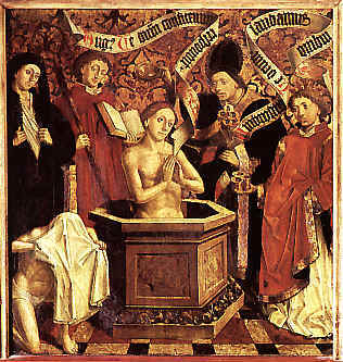 Agostino battezzato da Ambrogio, nel pannello del Maestro di Uttenheim nel convento di Novacella