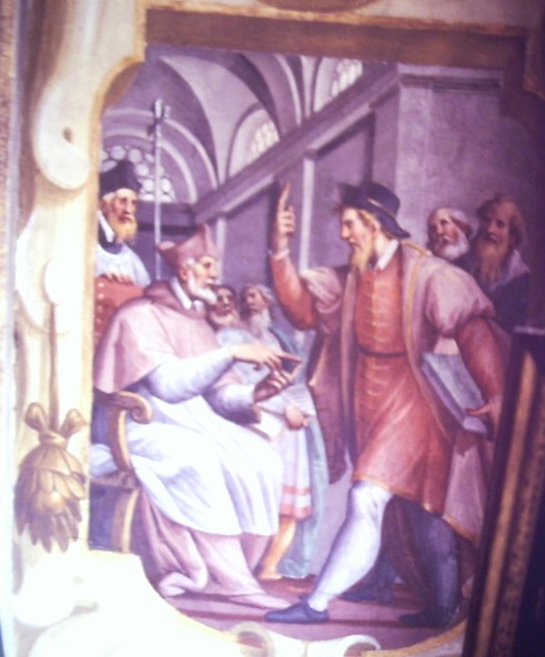 Agostino a Milano incontra e ascolta la predicazione di Ambrogio, particolare della cappella Bontempi con il ciclo di affreschi del Fiammenghino