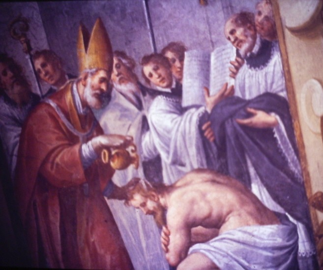 Il battesimo di Agostino, particolare della cappella Bontempi con il ciclo di affreschi del Fiammenghino