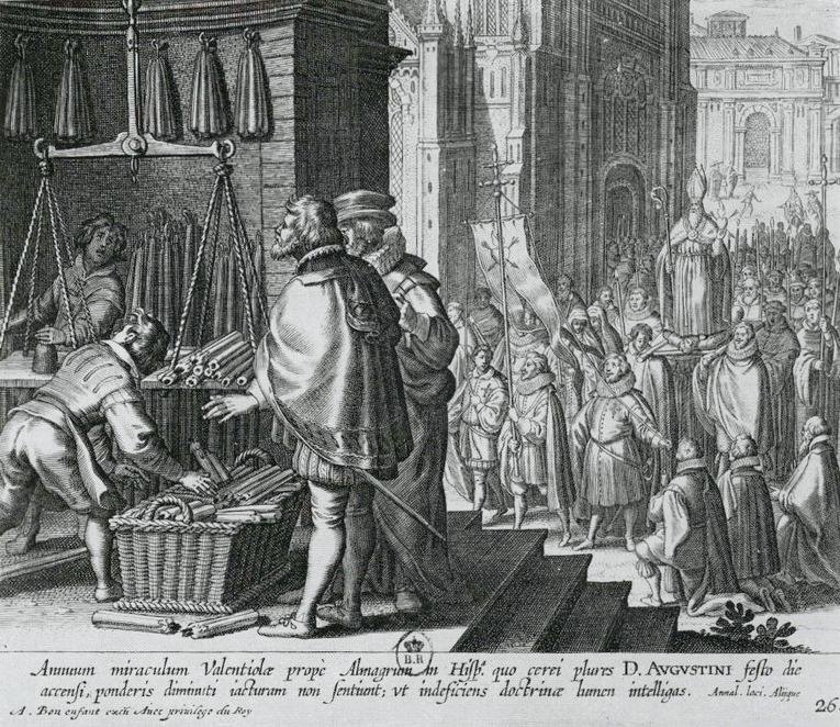 Miracolo dei ceri che non si consumano mai, dalla stampa di Bolswert pubblicata a Parigi nel 1624