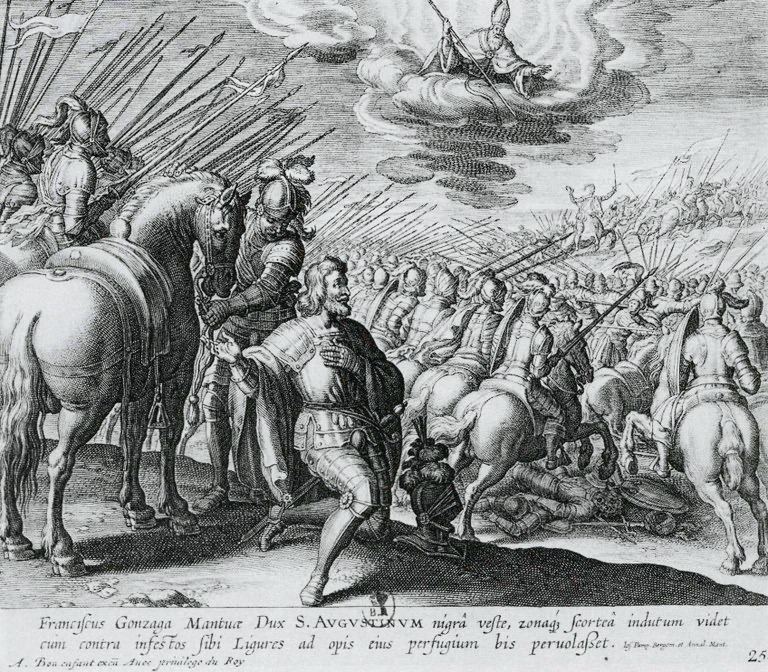 Agostino defunto appare nel pericolo a Francesco Gonzaga, duca di Mantova, dalla stampa di Bolswert pubblicata a Parigi nel 1624