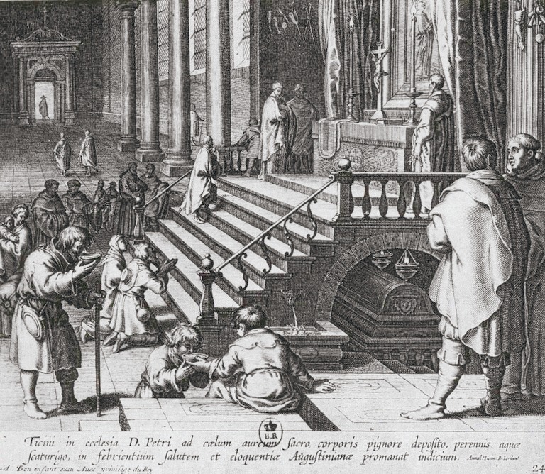 I pellegrini affluiscono alla sua tomba di Pavia, dalla stampa di Bolswert pubblicata a Parigi nel 1624