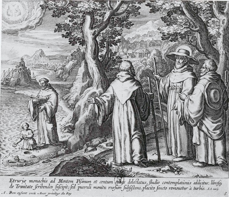 Agostino in visita agli eremiti del monte Pisano, dalla stampa di Bolswert pubblicata a Parigi nel 1624