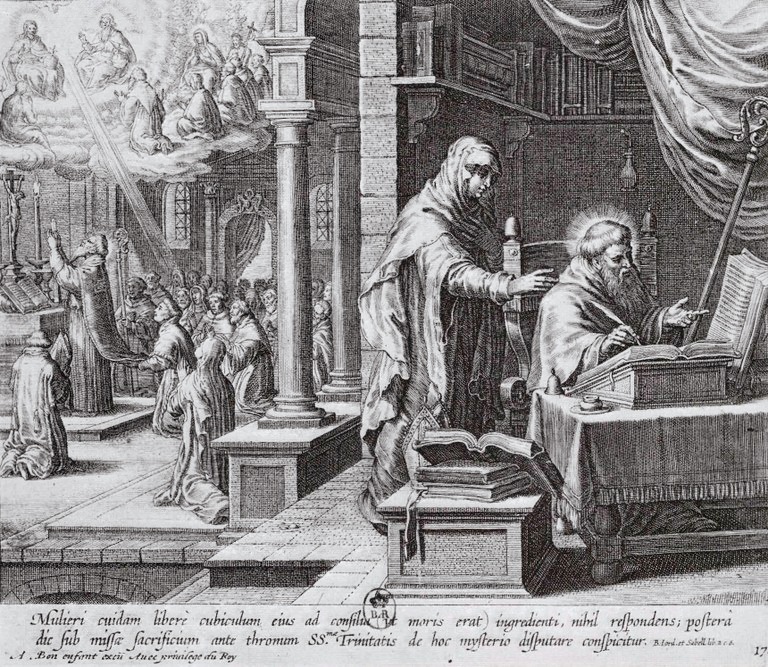 Agostino rapito davanti alla Trinit non vede una donna e mentre celebra la messa costei vede la Trinit, dalla stampa di Bolswert pubblicata a Parigi nel 1624