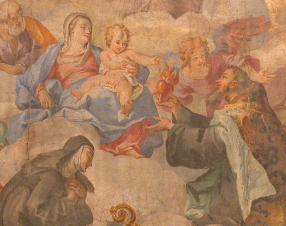 Particolare di Agostino che offre il suo cuore alla Vergine e al Bambino