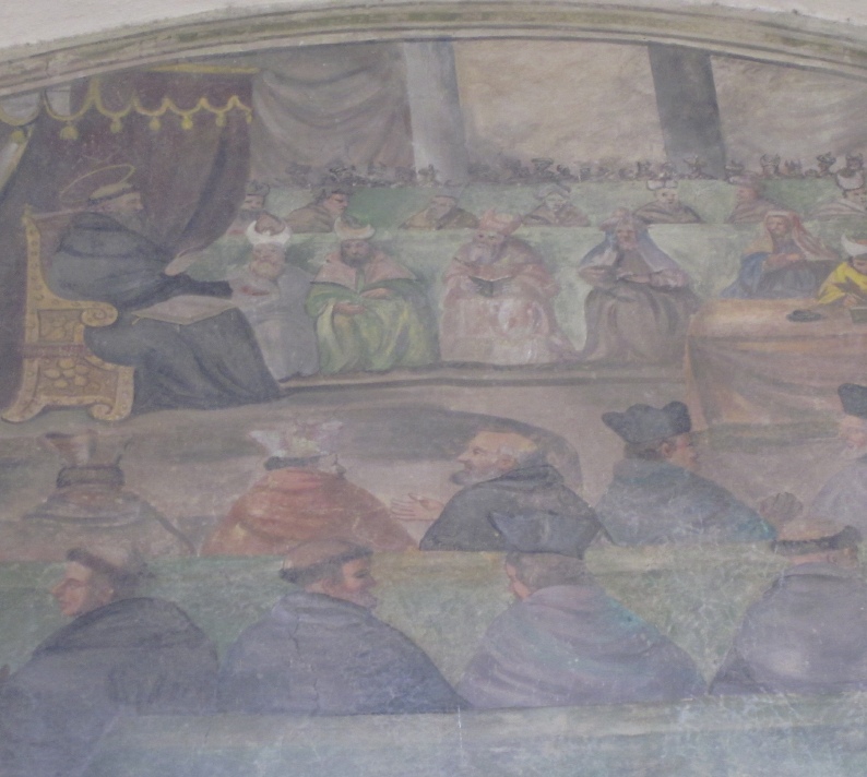 Agostino presiede la Conferenza di Cartagine, lunetta nel chiostro del convento agostiniano di Cortona