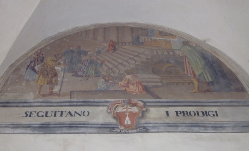 I pellegrini affluiscono alla sua tomba di Pavia, lunetta nel chiostro del convento agostiniano di Cortona