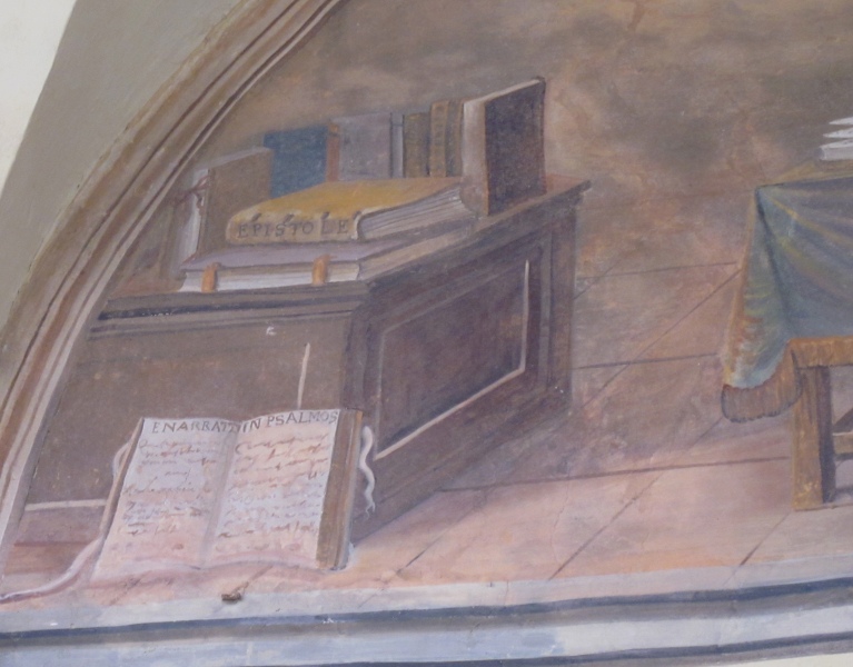 Agostino  rapito davanti alla Trinit: particolare dell'arredamento, lunetta nel chiostro del convento agostiniano di Cortona