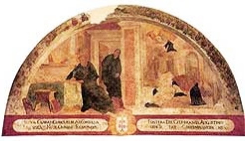 Agostino rapito davanti alla Trinit non vede una donna e mentre celebra la messa costei vede la Trinit nel chiostro del monastero agostiniano di Fano