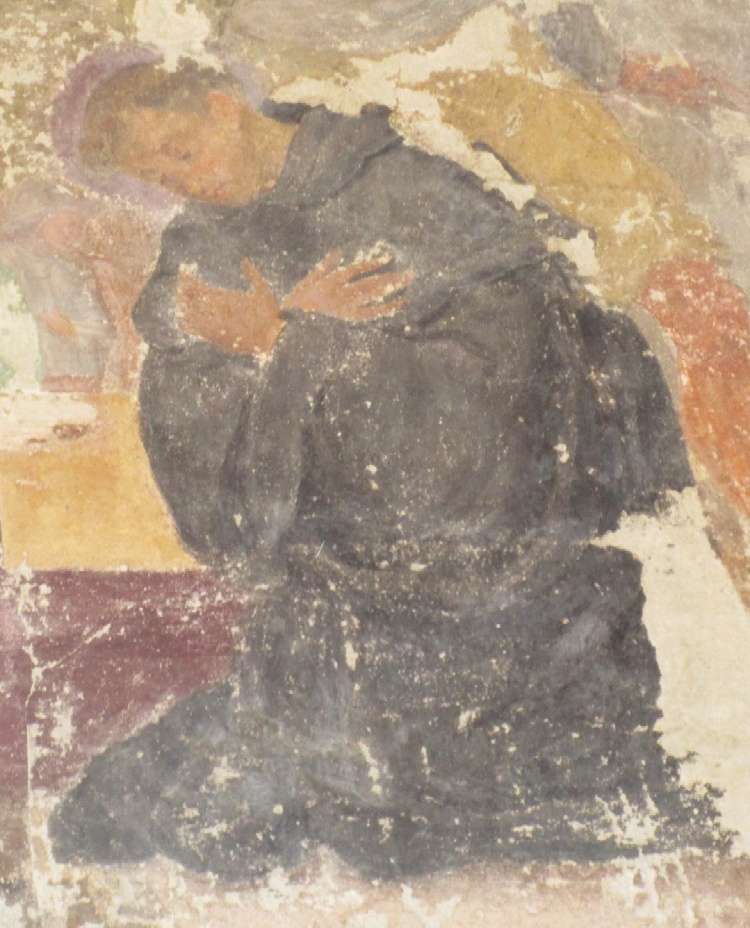 San Nicola da Tolentino soccorre i poveri con il miracolo dei pani: particolare di San Nicola da Tolentino inginocchiato davanti al priore Reginaldo