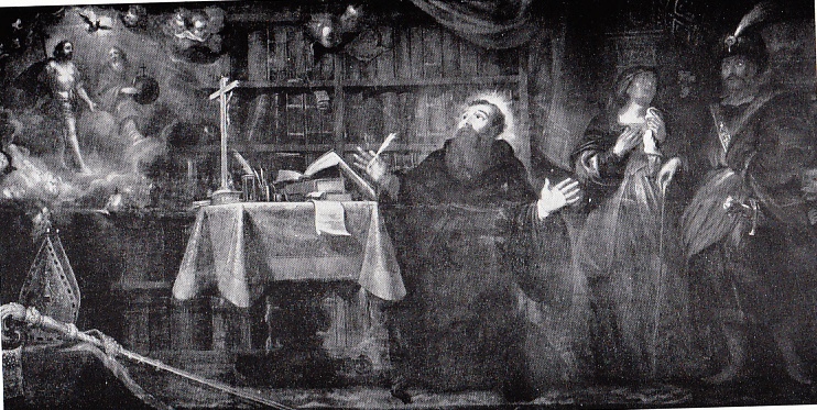 Agostino rapito davanti alla Trinit non vede una donna che lo implora, tavola di Guglielmo van Herp