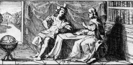 Agostino controbatte Firmino circa le credenze astrologiche, immagine dalla stampa di Jean Mariette