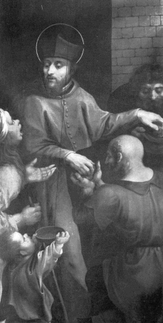 Agostino fa l'elemosina ai poveri nella Tavola dipinta da Martinus Pepijn per la Cappella dell'Ospedale di Santa Elisabetta ad Anversa