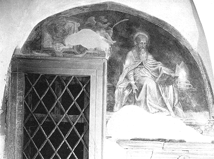 Agostino abbatte le eresie, affresco di Adolfo Petrazzi nel Chiostro del convento di S. Agostino e Pietrasanta