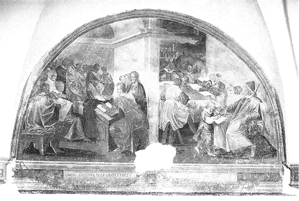 Agostino apprende la grammatica, affresco di Adolfo Petrazzi nel Chiostro del convento di S. Agostino e Pietrasanta