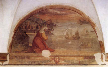 Agostino s'imbarca per Roma fra la disperazione della madre Monica, affresco di Adolfo Petrazzi nel Chiostro del convento di S. Agostino e Pietrasanta