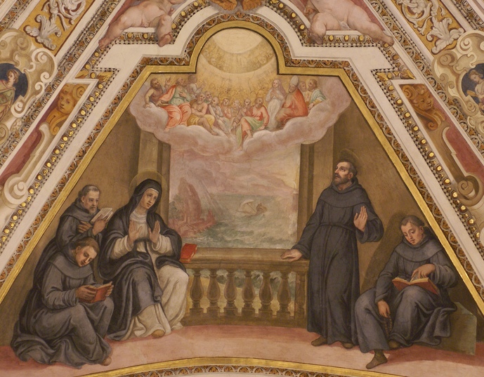 Monica legge la regola agostiniana con i monaci: particolare degli affreschi di Ricci nella Cappella di S. Monica