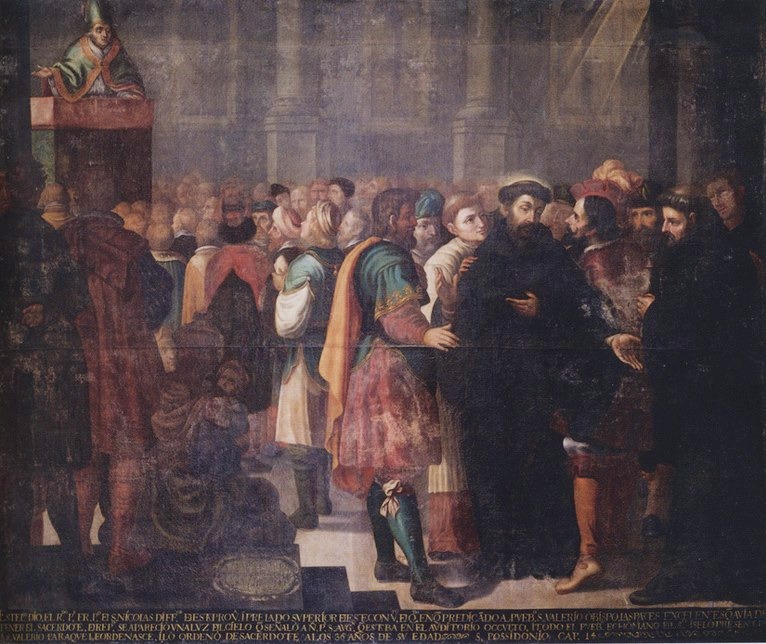 Agostino viene ordinato sacerdote, opera di Miguel de Santiago nel convento agostiniano di Quito