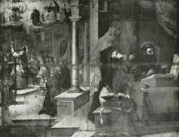 Agostino rapito davanti alla Trinit non vede una donna che lo implora e poi celebra una messa, opera di Miguel de Santiago nel convento agostiniano di Quito