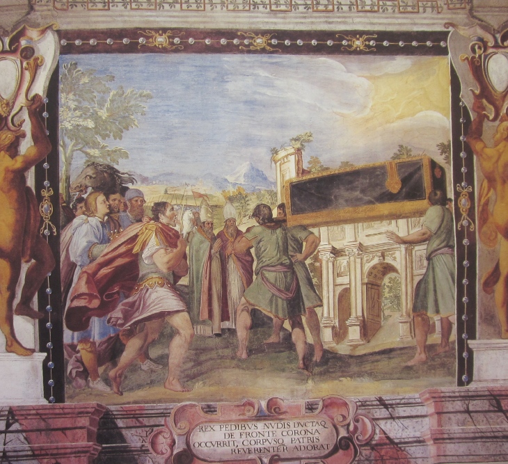 Affreschi di Ganassini nel chiostro della chiesa della SS. Trinit: Liutprando accoglie le spoglie di Agostino a Genova