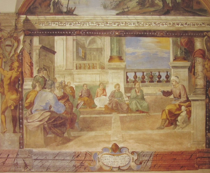 Affreschi di Ganassini nel chiostro della chiesa della SS. Trinit: Agostino insegna a Milano