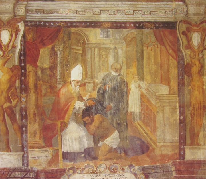 Affreschi di Ganassini nel chiostro della chiesa della SS. Trinit: La vestizione di Agostino