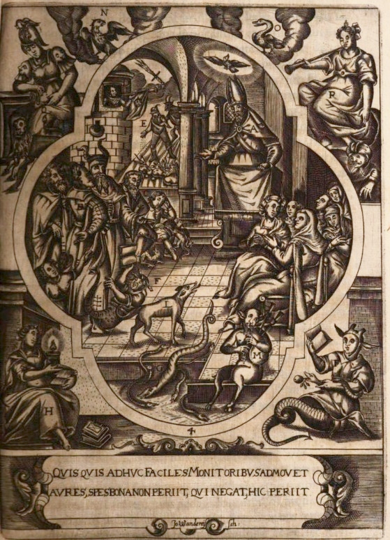 Agostino ascolta la predicazione di Ambrogio a Milano, stampa seicentesca di Johannes Wandereisen pubblicata nel 1631 a Ingolstadt