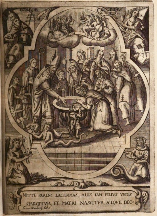 Il battesimo di Agostino, stampa seicentesca di Johannes Wandereisen pubblicata nel 1631 a Ingolstadt