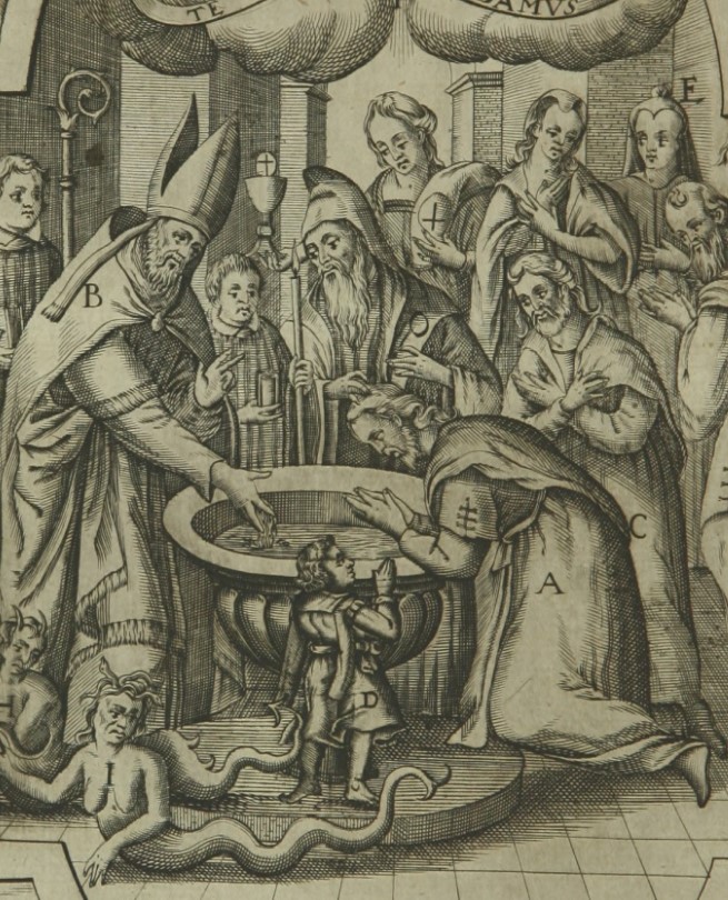 Il battesimo di Agostino: particolare del fonte battesimale, stampa seicentesca di Johannes Wandereisen pubblicata nel 1631 a Ingolstadt